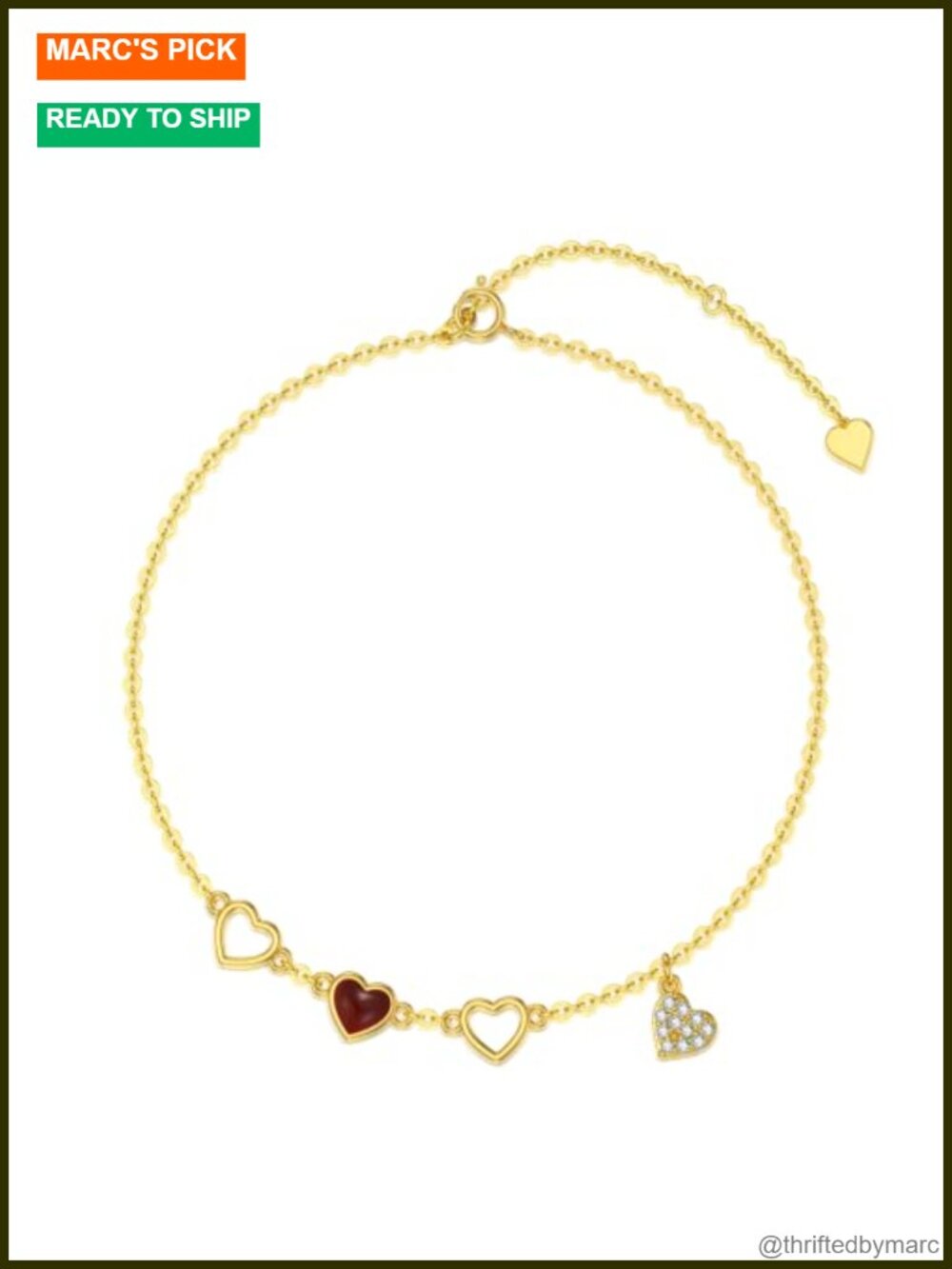 14K Gold Heart Link Bracelet with Red Carnelian, 6.5+1+1 Inch